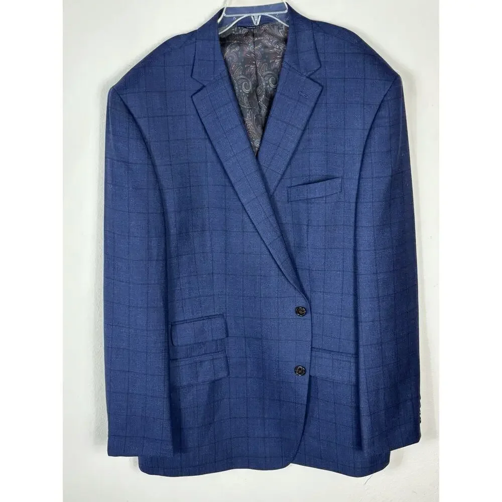 Ralph by Ralph Lauren Mens 50L Navy Blue Windowpane Plaid Wool Blend Blazer